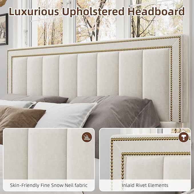 BarnFurin Queen Bed Frame with 50" Tall Headboard and Footboard, Chenille Upholstered Platform Bed, Vertical Channel Tufting with Nailhead Trim, No Box Spring Needed, Easy Assembly, Beige