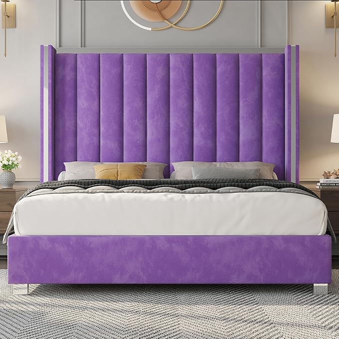 Jocisland King Size Bed Frame with 58" Tall Headboard, Velvet Upholstered Platform Bed with Channel Tufted Wingback Headboard and Plating Trim, No Box Spring Needed, Purple