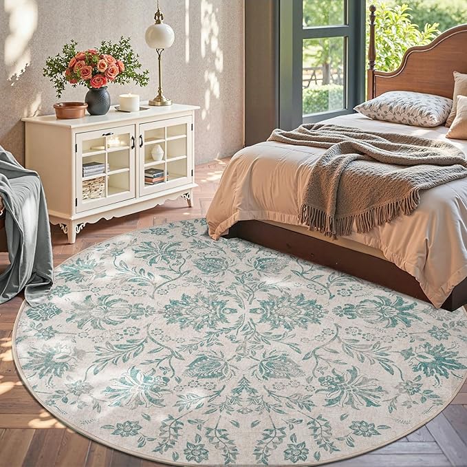 jinchan Torino Classic Floral Round Rug 8ft Vintage-Inspired Design 8’Circle Rug Machine Washable Ultra-Thin Low-Pile Non-Slip Indoor Carpet for Bedroom Dining Room Living Room