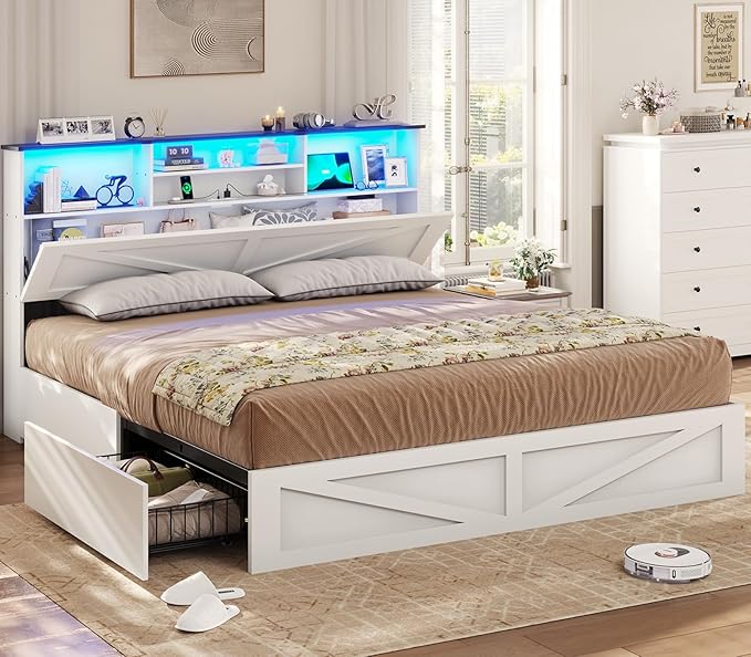 VIAGDO Farmhouse Bed Frame King Size with Bookcase Storage Headboard, Charging Station and LED Lights, Wooden King Bed Frame with 4 Drawers, Barn Door Design, No Box Spring Needed, No Noise, White