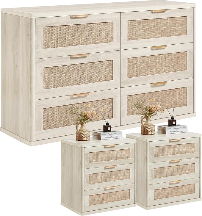 LEYAOYAO Rattan Dresser and Nightstand Sets 3 Piece, Boho Wood Dresser for Bedroom with 6 Drawers and Night Stand with 3 Drawer, Bedroom Furniture, Dressers & Chests of Drawers, Living Room, Hallway