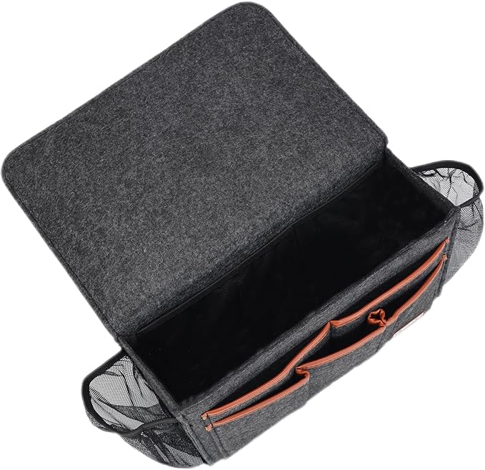 Bedside Caddy, Large Size Bedside Storage Organizer Bedside Organizer Caddy for Magazine Remotes Phone (13.4'' x 18.1'' Plus Size, Dark Grey)