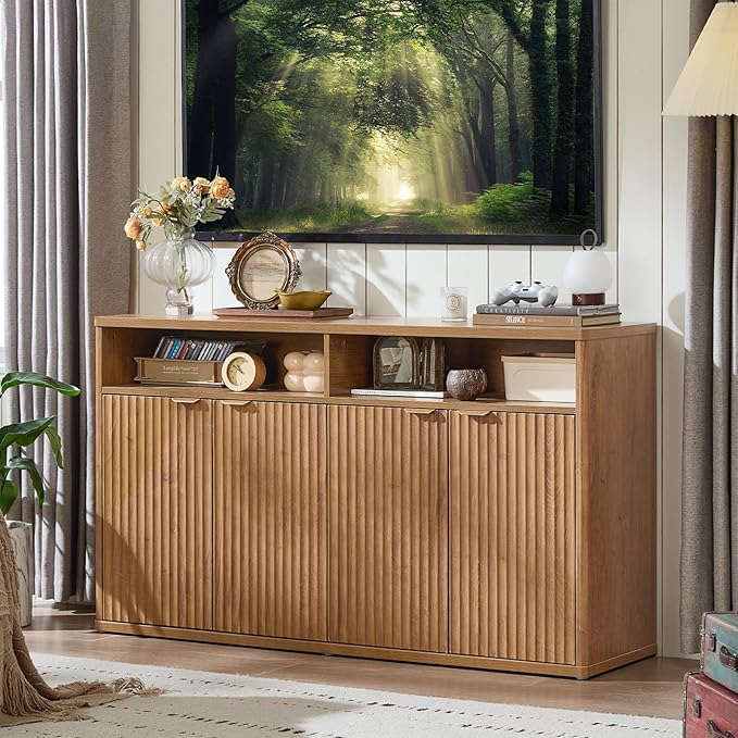 LEYAOYAO Fluted Buffet Cabinet with Storage, 55" Wide Wood Sideboard Credenza with 4 Doors & Open Storage Shelf, Modern Kitchen Console Accent Cabinets, Coffee Bar Table for Dining Room, Tea Brown