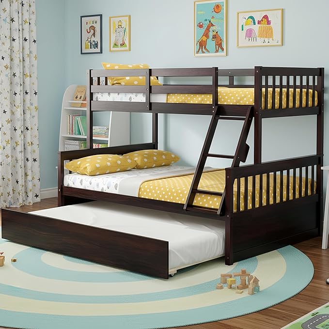 KOMFOTT Wood Twin Over Full Bunk Bed with Trundle, Bed Frame with Solid Pine Wood Frame, Space-Saving Bunk Bed with Ladder & Safety Guardrails, No Box Spring Needed