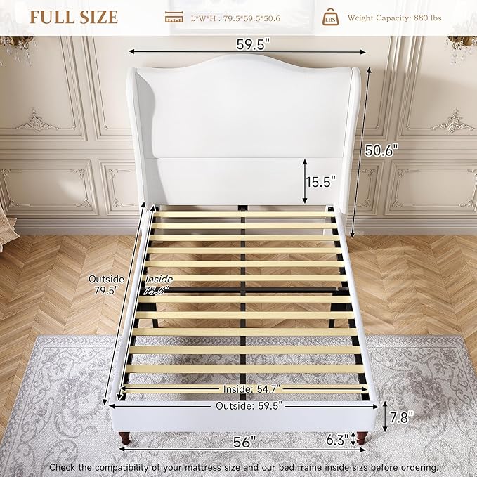koorlian Full Size Bed Frame with 51" Tall Headboard, Fully Upholstered Platform Bed Frame with with Soft Fabric, Sleigh Wingback, Solid Wood Retro Legs, Modern Minimalist Style, Easy Assembly, White