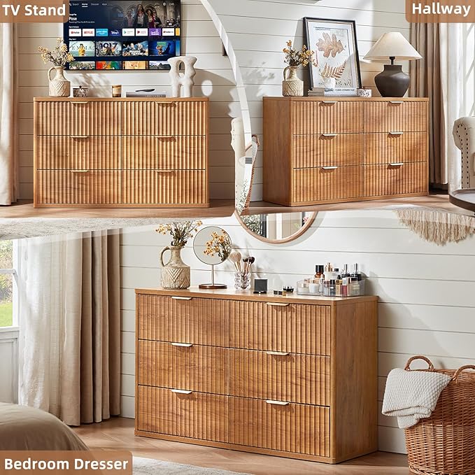 LEYAOYAO Fluted 6 Drawers Dresser Set of 2, 48" Wide Modern Chest of Drawers with Metal Handle, Brown Curved Profile Dresser TV Stand, Wooden Drawer Organizer for Bedroom, Living Room, Hallway