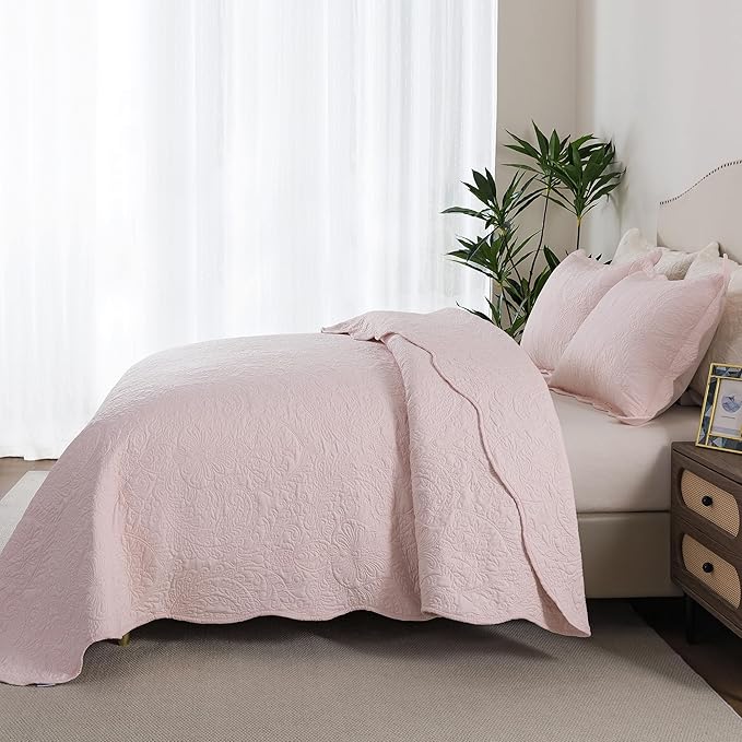 HoneiLife King Size Quilt Sets - 3 Piece Microfiber Quilt Set Lightweight Bedspreads Reversible Coverlets Rustic Bed Cover King Quilt Bedding Set All Season Quilts-Light Pink