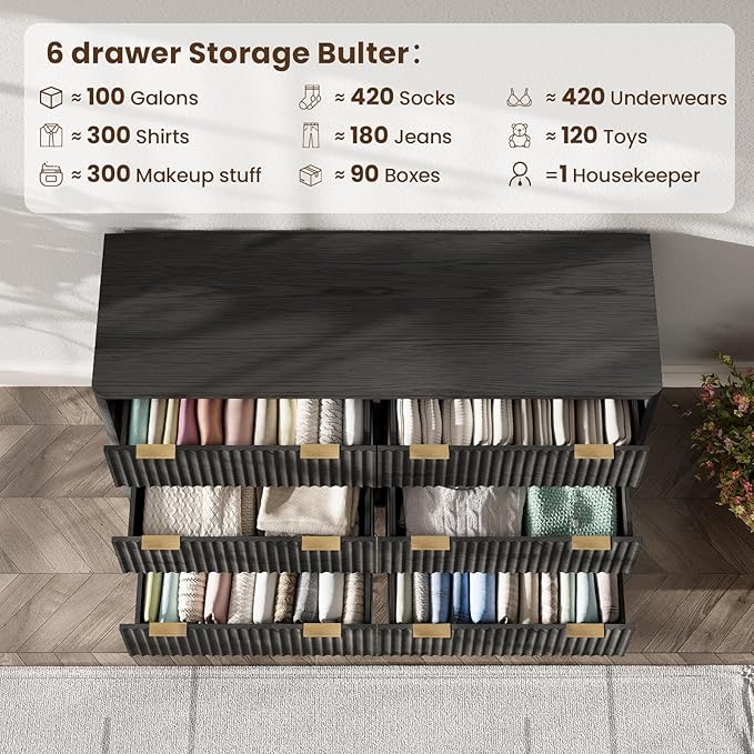 47'' Wide 6 Drawers Dresser for Bedroom,Modern Fluted Vertical Chest with Rounded Corners,Fluted Dresser for Living Room,Hallway, Black