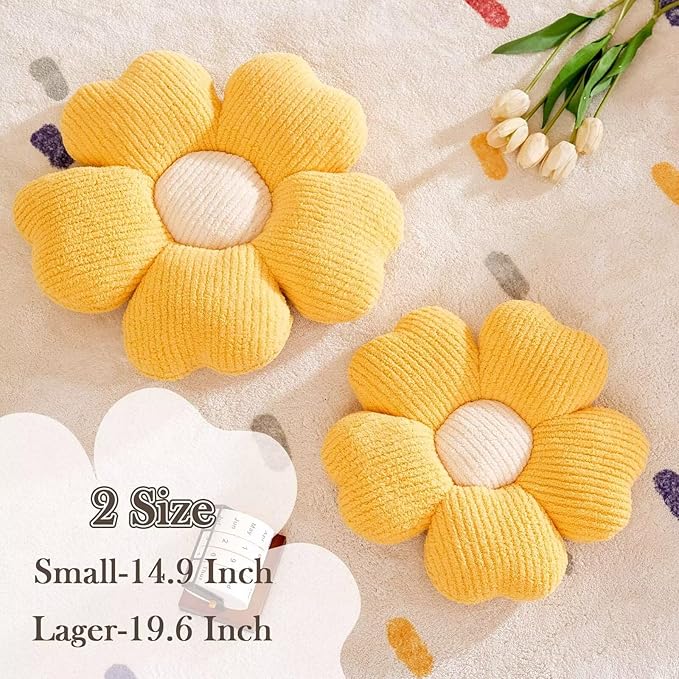 Kcvvcr Flower Throw Pillow, Cute Flower Shaped Pillow Decorative Throw Pillow for Bed Couch, Soft Daisy Pillows Floor Seating Cushion Cushions (19.6 Inch Yellow)