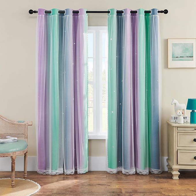 XiDi Curtains for Bedroom Decor, Rainbow Purplgreen grey52/90