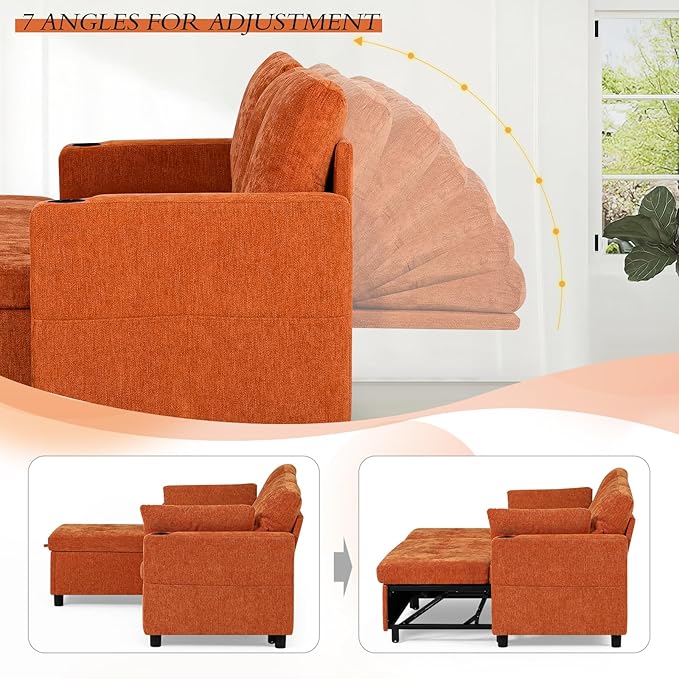 84" Chenille Pull Out Sofa Bed w/Adjustable Backrest, L-Shape Modern Sleeper Sofa w/Reversible Chaise, Upholstered Sectional Couch w/USB Port and Side Pockets for Living Room, House, Orange