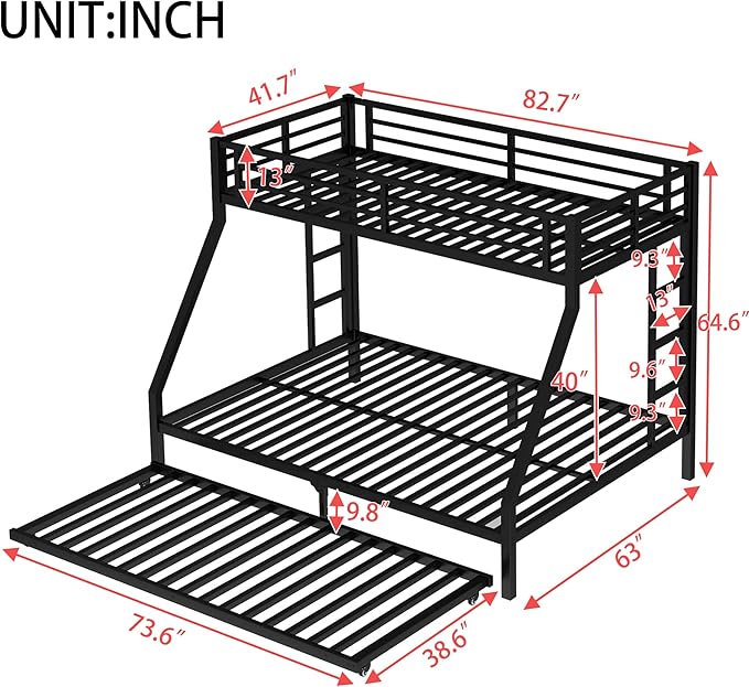 Upgraded Version Thicken Stronger Metal Heavy-Duty Twin XL Over Queen Bunk Bed with Twin Size Trundle, Twin Over Queen Bunk Bed for Adults with Ladders, Easy Assemble (Twin XL/Queen)