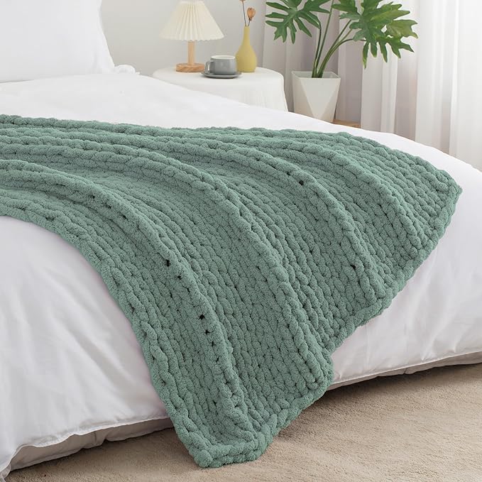 Chunky Knit Throw Blanket 60"X 80", 100% Handmade with Soft Chenille Yarn, 6.7lbs Thick Cable Knitted Blankets, Large Rope Knot Crochet Throws for Couch Sofa Bed Home Decor, Sage Green
