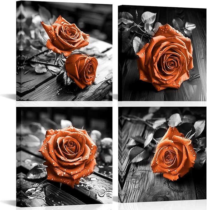 VANSEEING 4 Pieces Orange and Black Rose Flower Canvas Wall Art Floral Pictures Prints Modern Romantic Artwork Wall Decor for Valentine's Day Living Room Bedroom 12x12inchx4Pcs