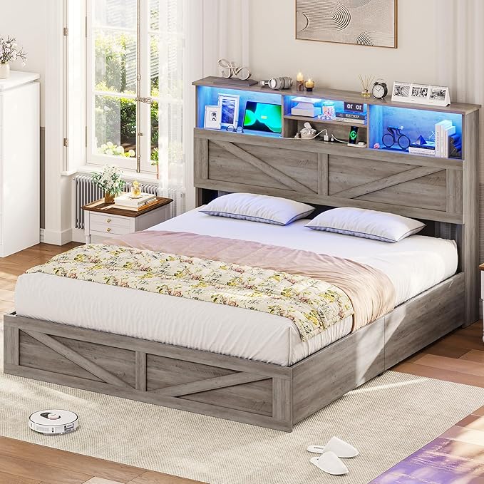 VIAGDO Farmhouse Bed Frame Full Size with Bookcase Storage Headboard, Charging Station and LED Lights, Wooden Full Bed Frame with 4 Drawers, Barn Door Design, No Box Spring Needed, No Noise, Grey
