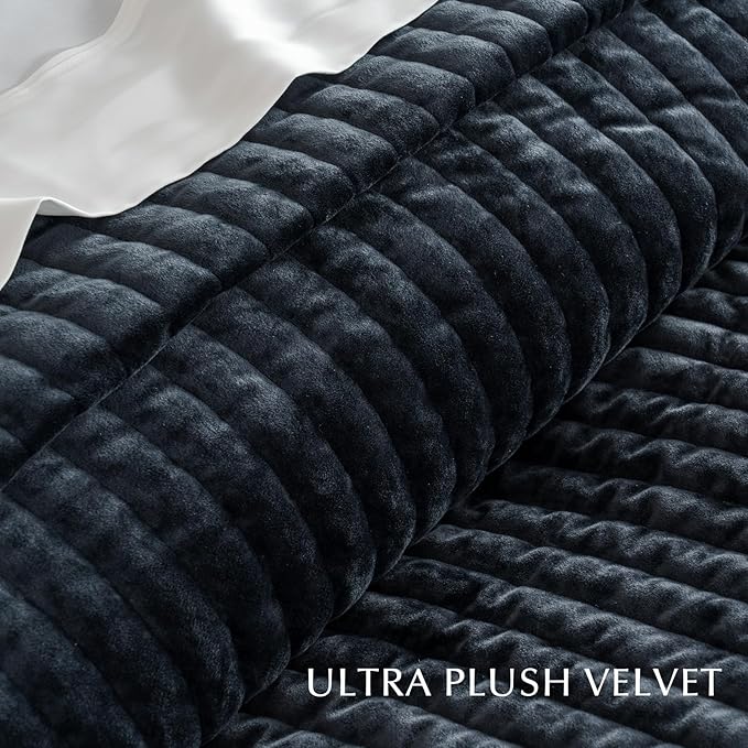 EVERGRACE Velvet Quilt Set Queen Size, Luxurious Soft Striped Channel Bedding Set, Lightweight Velvet Comforter for All Season, Oversized Bedspread Coverlet with 2 Matching Shams, Black