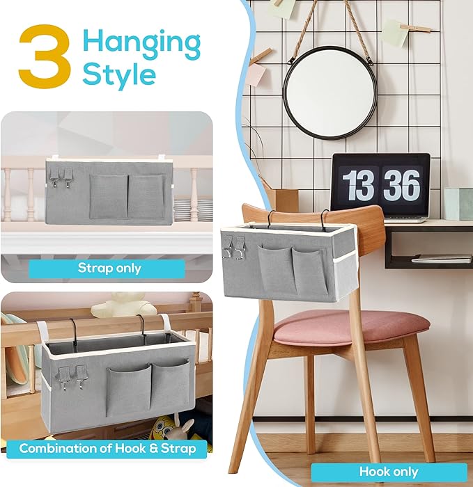 3pcs Bedside Caddy Hanging Storage Bag, Water Cup Holders, Organizer Baskets with Pockets for Bunk Bed Shelf, Hospital Beds, Loft & Dorm Rooms Accessories (Bedside bag-Grey)
