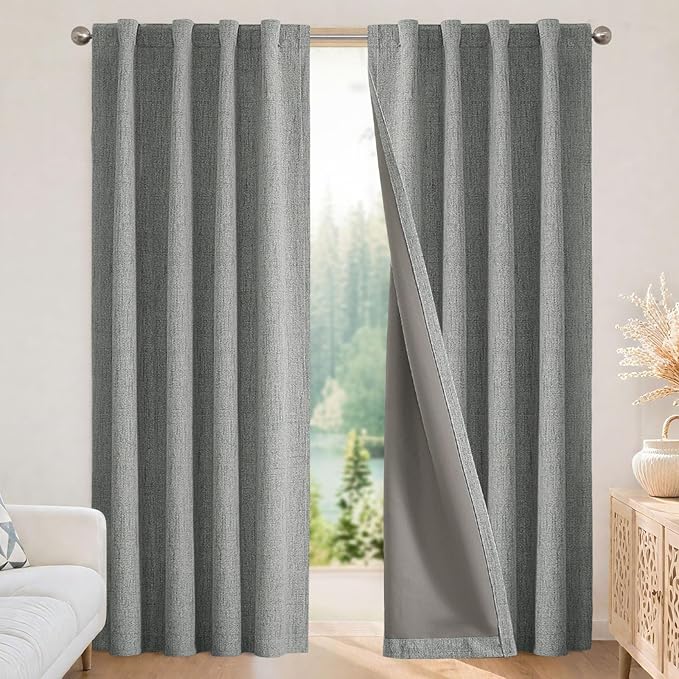 Joydeco Blackout Curtains for Bedroom - 100% Light Blocking 2 Panels Light Grey Drapes 37" W x 63" L, Thermal Insulated Room Darkening Curtains, Linen Textured for Living Room, Rod Pocket & Back Tabs