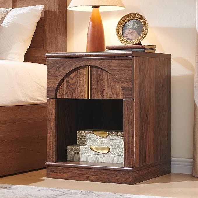 ACCOHOHO Modern Night Stand Set 2 with Arched Panel,18" Wooden nightstand with Charging Station,Bedside Table with Drawer Storage,Side End Table with Open Shelf for Bedroom、Living Room,Brown