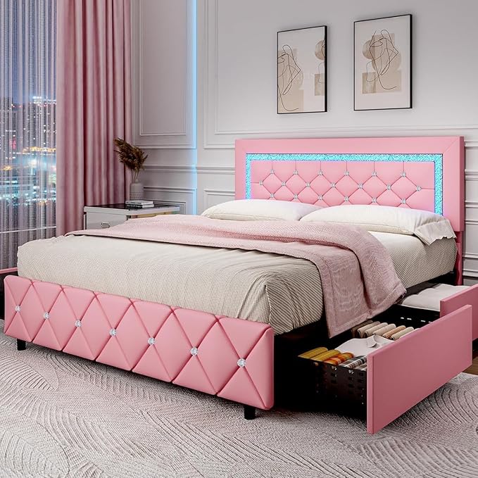 BarnFurin Queen Bed Frame with LED Lights, Upholstered Bed Frame with 4 Storage Drawers, Princess Platform Bed with Diamond Headboard and Footboard, No Box Spring Needed, Pink