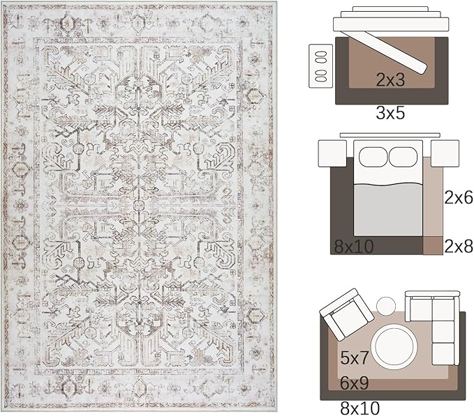 jinchan Lima 8x10 Area Rug for Living Room Washable Soft Rug Ultra-Thin Stain Resistant Non-Slip Distressed Vintage Floral Large Carpet for Bedroom Dining Room Home Office Nursery (8x10ft, Taupe)