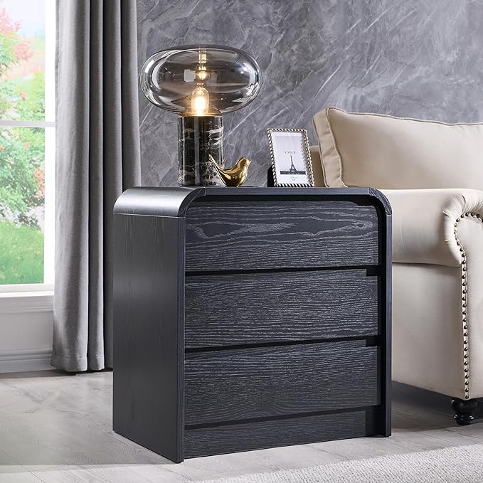 25" Tall Modern Nightstand with Charging Station, 23.6'' Wide Wood Bedside Table w/3 Storage Drawers, Small Dresser w/Curved Profile Design, End Table for Bedroom, Black
