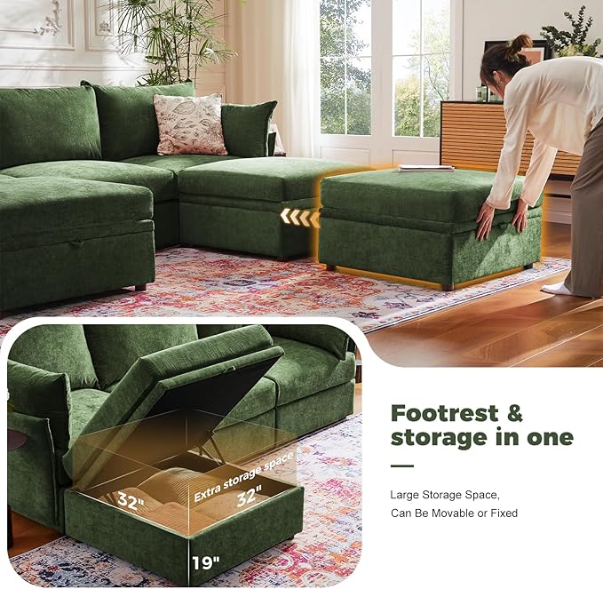 ABCASA 102.6" Modular Sectional Sofa, L Shaped Couch Set for Living Room, 3-Seater Comfy Cloud Couches with Movable Storage Ottoman,DIY Combination - Chenille Green