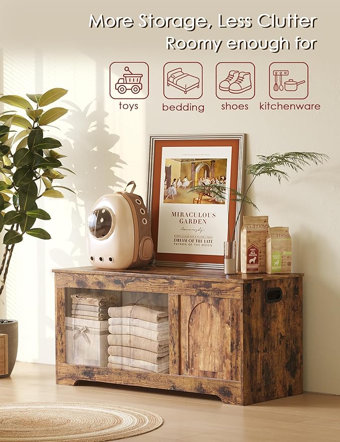 DINZI LVJ Storage Chest, 39.4” Wooden Toy Box with 2 Safety Hinges, Entryway Shoe Bench with Flip-Top, Sturdy Large Storage Trunk for Living Room, Bedroom, Playroom, Easy Assembly, Rustic Brown