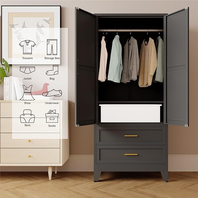 Metal Armoire Wardrobe Closet,71" Tall Black Storage Cabinet with Hanging Rod,2 Drawers & Adjustable Shelves,Heavy-Duty Steel Wardrobe for Bedroom, Garage, and Office