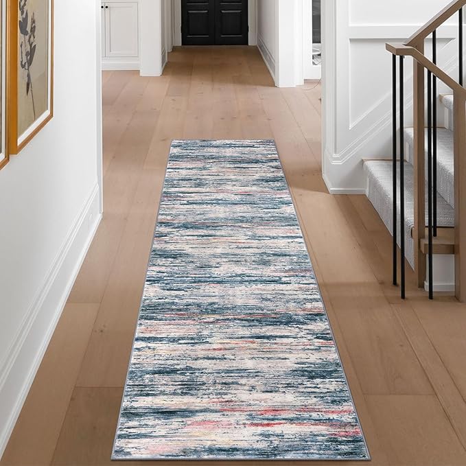 2x8 Modern Abstract Runner Rug for Hallways, Teal Blue Peach Gray Multi Super Soft Hallway Decor Kitchen Rugs with Non-Slip, Non-Shedding Washable Rug for Entryway Bedroom Laundry Indoor