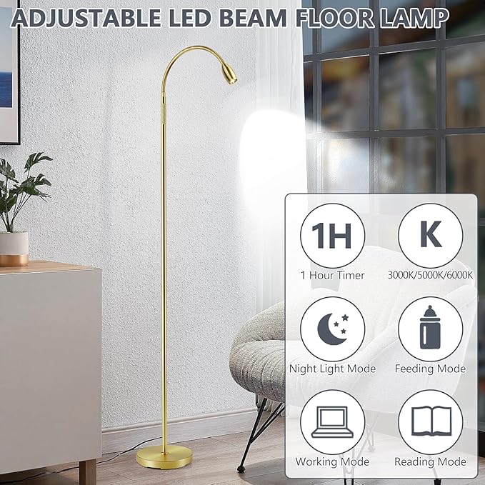 Reading Floor Lamp, 72" Tall LED Lamp with Flexible Gooseneck, Dimmable Zoomable Spotlight, Adjustable Color Beam Standing Lamp, Touch & Remote Control, Task Craft Bedroom Living Room (Light Gold)