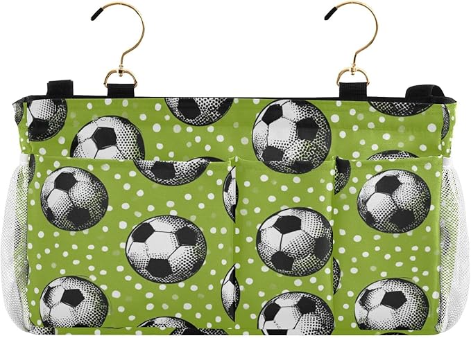 Bedside Caddy Hanging Bunk Bed Caddy Bed Organizer Hanging Pocket with 2 Hooks Bedside Storage Organizer Pocket Bag Holder Deep Green Soccer Balls Dots