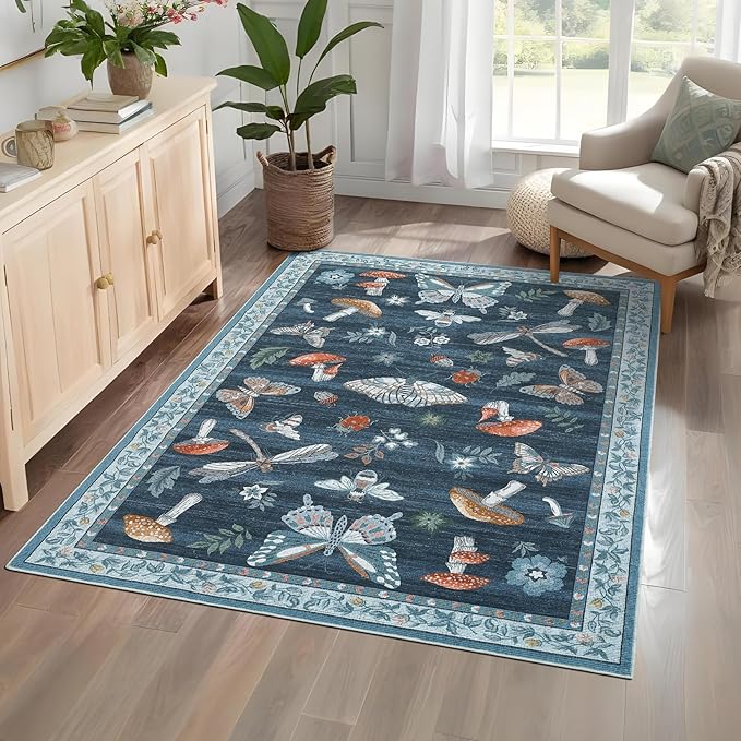 Area Rugs 4x6 Non-Slip Washable Carpet - Mushroom Soft Low-Pile Stain Resistant Foldable Rug for Nursery Kitchen Bedroom Living Room Entryway Indoor Mat with Rubber Back Blue