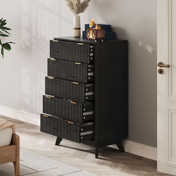 43'' Hight 5 Drawers Dresser for Bedroom,Modern Fluted Vertical Chest with Rounded Corners,Fluted Dresser for Living Room,Hallway, Black