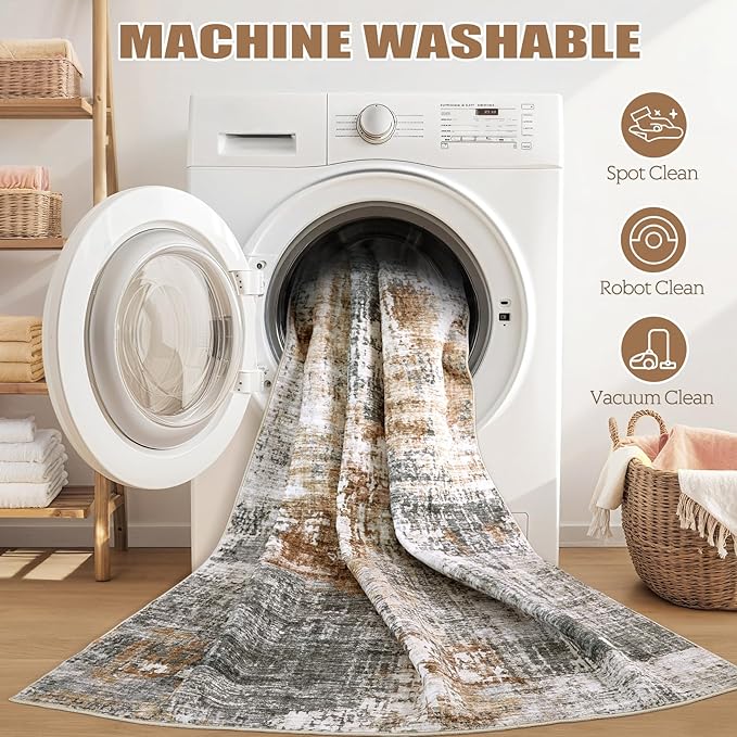 Area Rug Living Room Rugs - 5x7 Washable Large Soft Indoor Neutral Modern Abstract Low Pile Rug Carpet for Bedroom Dining Room Farmhouse Home Office - Grey Brown