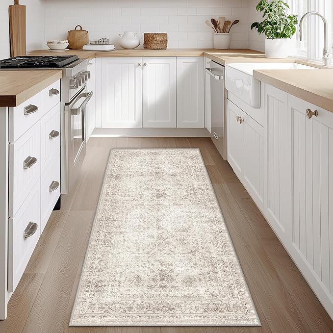 Fmfunctex 2x8 Runner Rug Beige Washable Vintage Neutral Distressed Non Slip Low Pile Indoor Carpet Soft Retro Floral Hallway Entryway Rug for Kitchen Living Room Bedroom Bathroom Laundry Entry Bedside