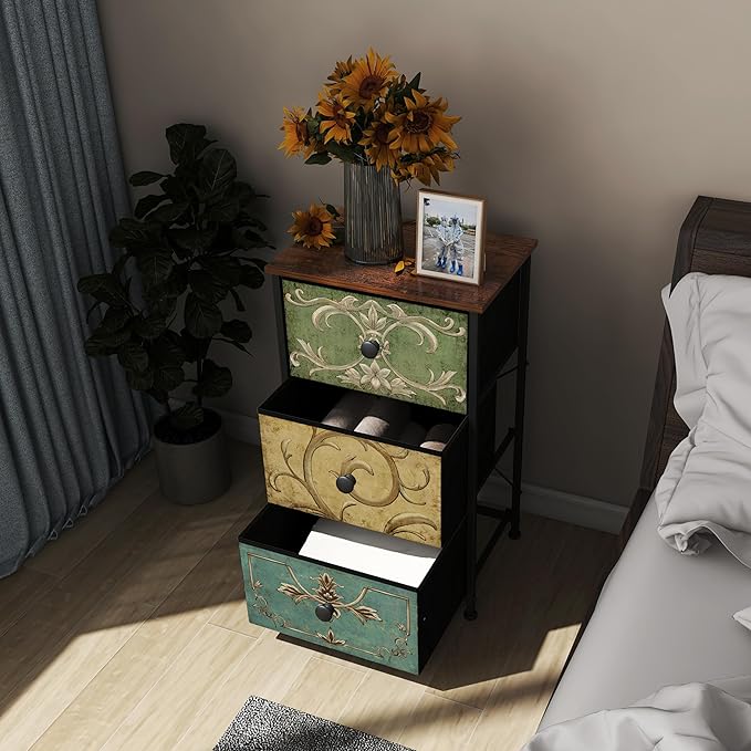 Tohomeor Small Dresser for Bedroom with Retro Flower Narrow Drawers Slim Chest of Drawers Skinny Nightstand Sofa End Table for Living Room Entryway Closet Storage (Multi, 3 Drawers)