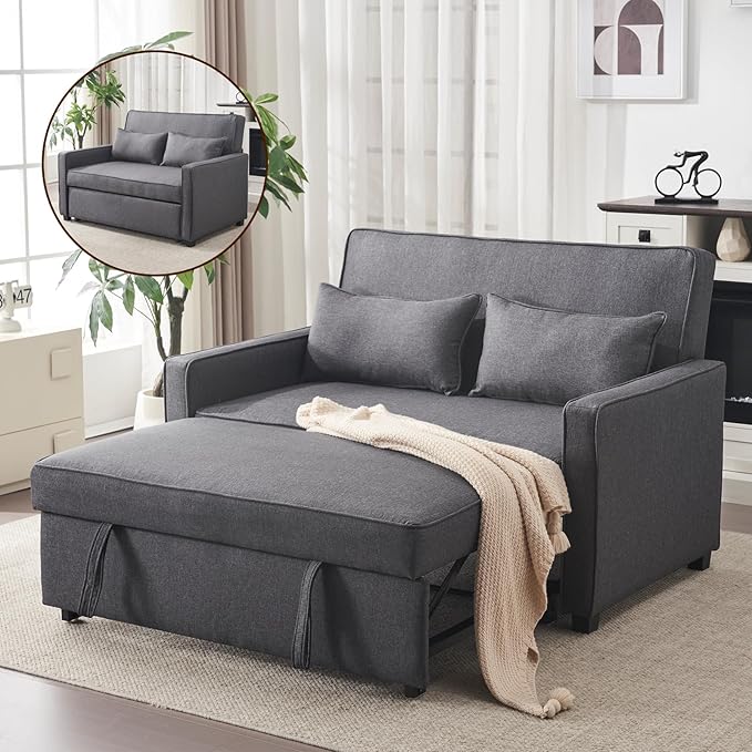 Furnimart 3-in-1 Convertible Sleeper Sofa with Pull-Out Bed, 53" Futon Couch Bed, Adjustable Backrest Loveseat for Small Spaces Gray