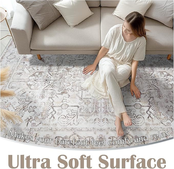 jinchan Lima Hallway Runner Rug 3x8 Washable - Vintage Floral Non Slip Low-Pile Soft Ultra-Thin Faux Wool Kitchen Rug Distressed Carpet Runner for Farmhouse Bedroom Laundry (3x8ft, Taupe)