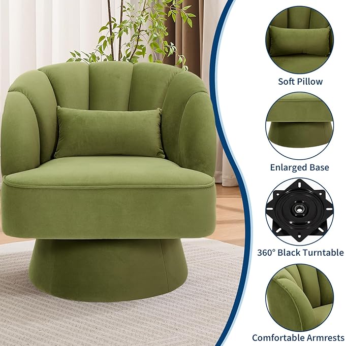 GarveeHome Modern Swivel Barrel Accent Chair, 360 Degree Velvet Upholstered Armchair with Striped Backrest & Plush Padding, Comfy Round Lounge Chair for Living Room, Bedroom, Reading Nook, Green 2 PCS