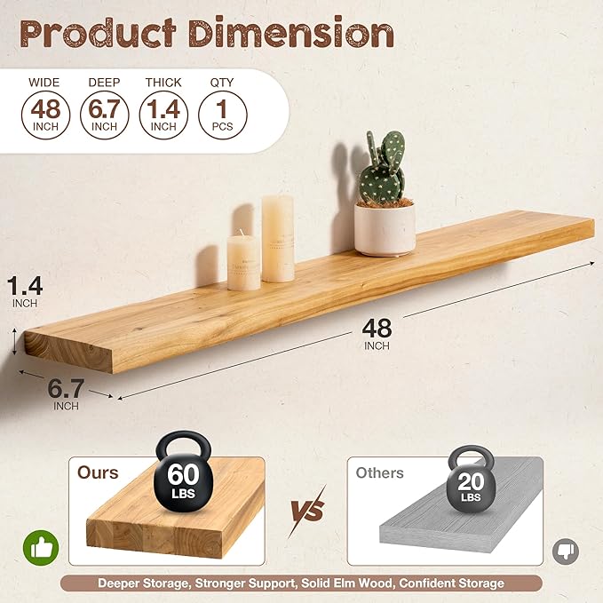 fuqing Floating Shelves for Wall, 48 inch Rustic Solid Elm Wood Floating Shelves, Wooden Wall Shelves with Invisible Heavy Duty Brackets for Living Room, Bedroom, Kitchen, Bathroom, 1 Pack, Natural