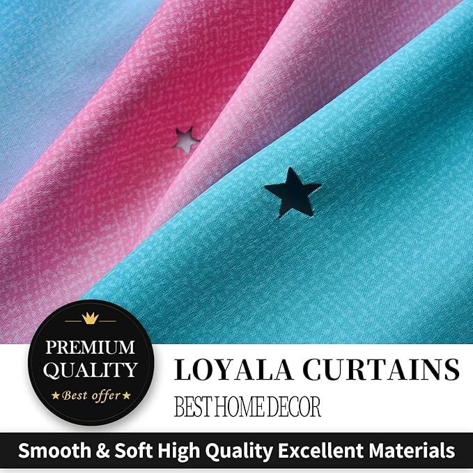 Star Blackout Curtains for Bedroom - Cute Kids Rainbow Curtains, 63 Inch Long 2 Panels, Beige, Blue & Pink