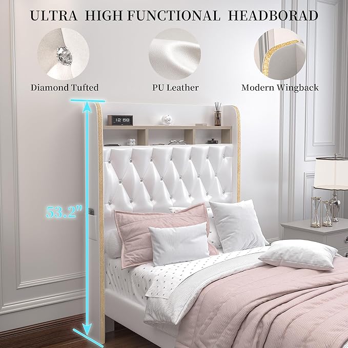 Twin LED Bed Frame with Storage Drawer, PU Upholstered Platform Beds with Galaxy Star Projector and Speaker, Aurora Bedframe with 2-Tier Storage Headboard for Small Bedroom Apartment, White