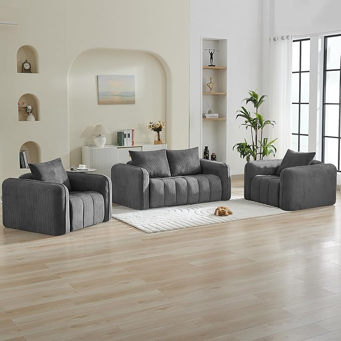 Corduroy Boneless Living Room Sets, Modern Upholstered Loveseat with 2 Signle Sofa Chairs, Comfy Deep Seat Cloud Sofa Couch Sets for Living Room, Grey