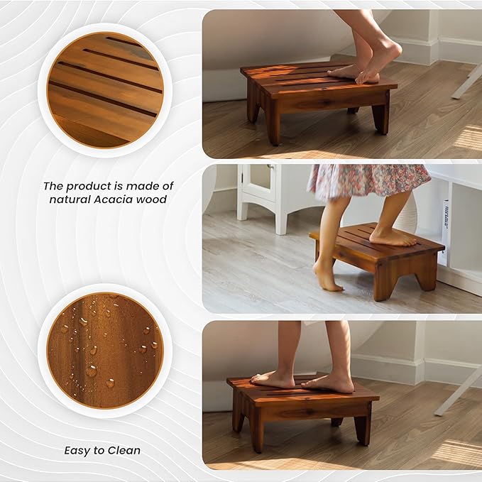 Holana 6" Acacia Wood One Step Stool for Adults - 300 Lbs Wooden Step Stools Heavy Duty for High Bed Riser, Bathroom, Bedroom - Small Stepping Stool for Elderly, Seniors, Kids, Handicap Use Indoor