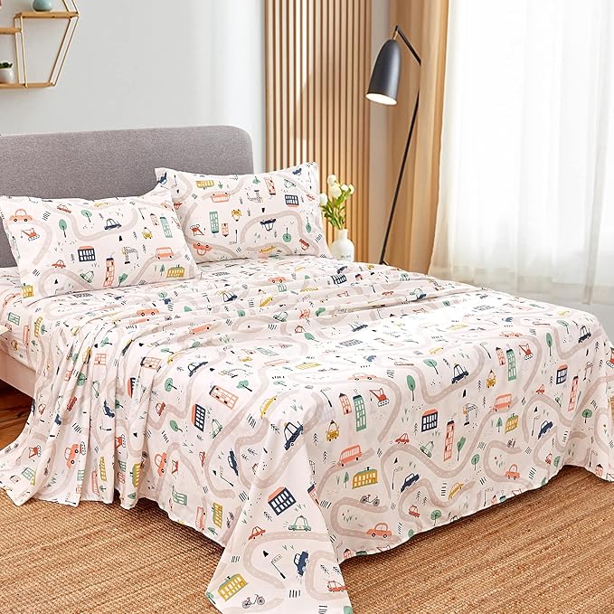 JSD Car Kids Printed Sheet Set Full Size, 4 Piece Soft Microfiber Bed Sheets Deep Pocket