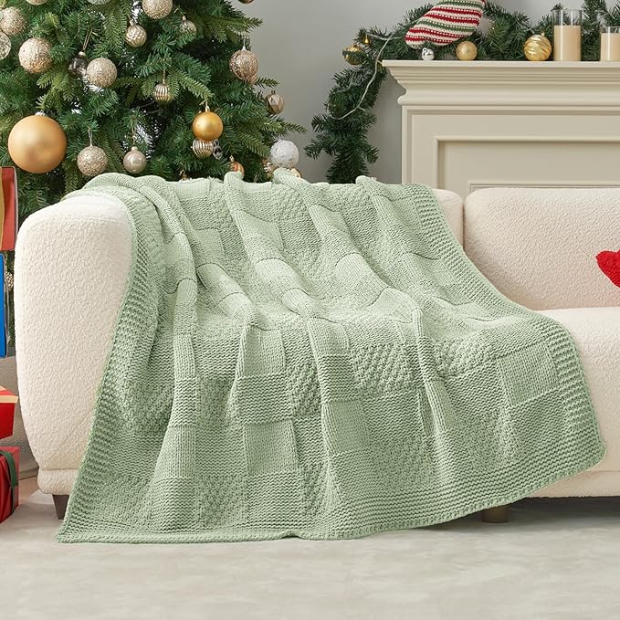 Amélie Home Checkered Chenille Knit Throw Blanket for Couch, Classic Texture Decorative Soft Blanket for Sofa, Chair & Bedroom, 60"x80", Sage Green
