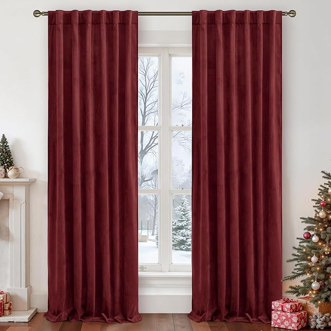 LAMIT Velvet Curtains 90 Inch for Theater, Burgundy Red Thermal Insulated Blackout Curtains for Living Room Darkening Back Tab and Rod Pocket Christmas Panels for Bedroom, 2 Panels, 52 x 90 Inch