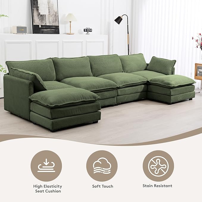 ROWHY 148'' Sectional Cloud Couch with 2 Ottomans, Oversized 4 Seat Sleeper Sofa with 2 Throw Pillows, Convertible Upholstered U Shaped Cozy Sofa Furniture Set for Living Room and Office, Green