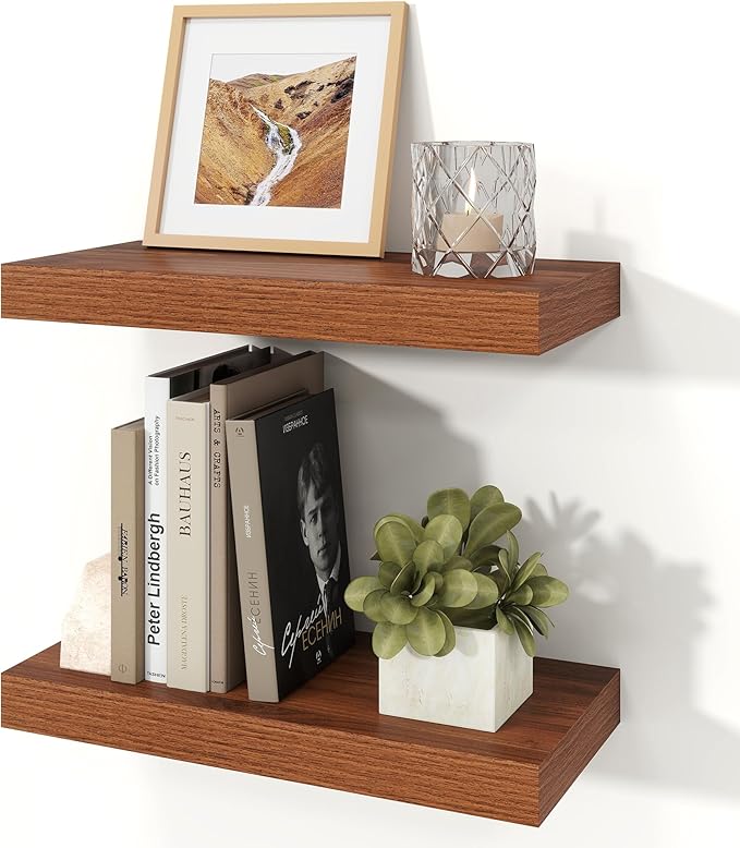 Floating Shelves for Wall, 7.9" Deep Wall Mounted Wood Shelves for Bathroom, Bedroom, Living Room, Kitchen, Hanging Shelf for Books/Storage/Room Decor (Walnut, 16")